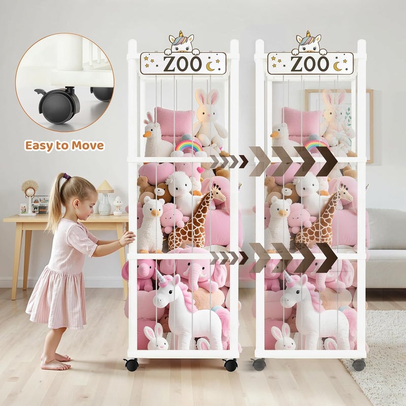 Vecxoty Stuffed Animal Storage Zoo Tower,56In Wooden Large Stuffed Animal Holder Organizer with Wheels,Stuffy Plushies Storage with Elastic Band&Mesh Bottom,Toy Storage Organizers for Playroom Nursery（White） - Image 4